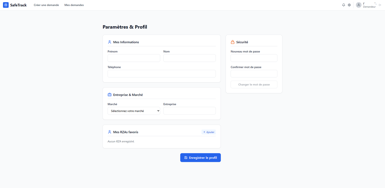 Interface de gestion du profil